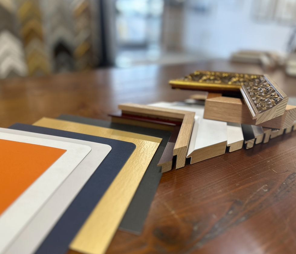 The colours and textures of the mat boards were fun to work with today. The gold foil mat board was a hit with more than one custom frame, and the frames were diverse and creative. 